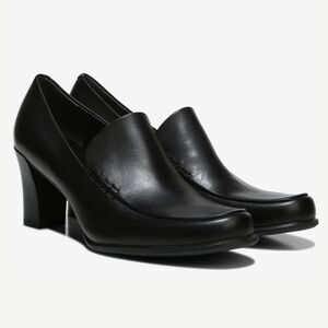Franco Sarto Leather Nolan Pump 9.5M Black Loafer Heel Slip On Timeless Minimal